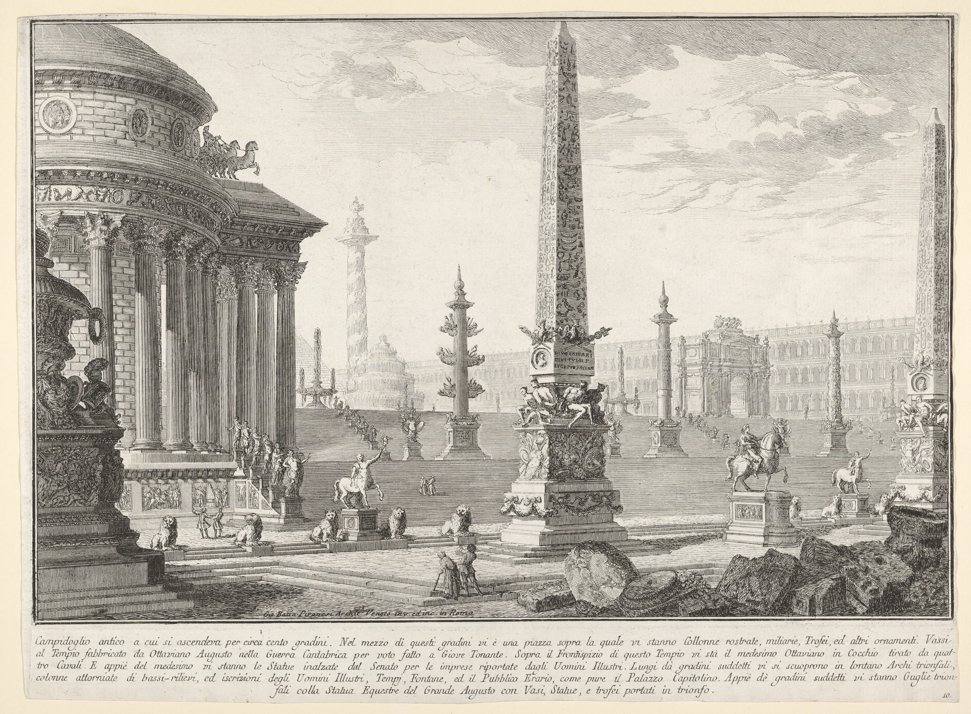 Plate 10: The ancient Capitol ascended by approximately one hundred steps [...] (Campidoglio antico a cui si ascendeva per circa cento gradini [...]), from "Part one of architecture and perspectives: drawn and etched by Gio. Batt'a Piranesi, Venetian Architect: dedicated to Nicola Giobbe" (Prima parte di Architetture, e prospettive inventate, ed incise da Gio. Batt'a Piranesi Architetto Veneziano dedicate al Sig